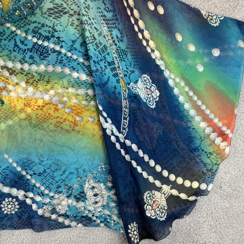 Aris A Silk Sheer Tunic Large Boho Artsy Bold Popover Beaded Colorful VTG USA - Picture 4 of 11